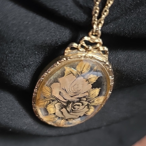 1928 Victorian Revival Transparent Roses Floral Pendant Necklace - Picture 8 of 14